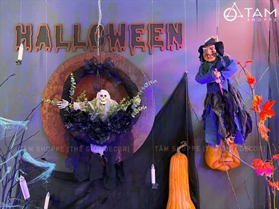 Vòng treo cửa Halloween ma dang tay lá xanh [ĐK40-50cm - handmade] VTC-HLW-05