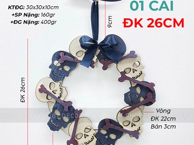 Vòng treo cửa Halloween đầu lâu xương máu khô [ĐK26cm - bằng gỗ] VTC-HLW-04