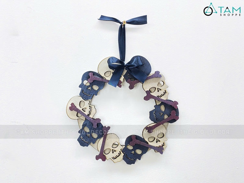 Vòng treo cửa Halloween đầu lâu xương máu khô [ĐK26cm - bằng gỗ] VTC-HLW-04