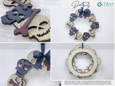 Vòng treo cửa Halloween đầu lâu xương máu khô [ĐK26cm - bằng gỗ] VTC-HLW-04