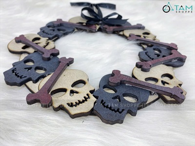 Vòng treo cửa Halloween đầu lâu xương máu khô [ĐK26cm - bằng gỗ] VTC-HLW-04
