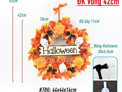 Vòng treo cửa Halloween lá phong vàng thu 4 nơ cam đen ĐK40cm VTC-HLW-01
