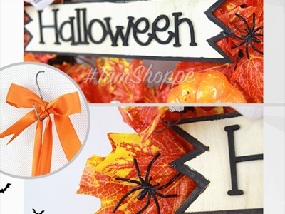 Vòng treo cửa Halloween lá phong vàng thu 4 nơ cam đen ĐK40cm VTC-HLW-01