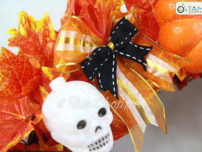 Vòng treo cửa Halloween lá phong vàng thu 4 nơ cam đen ĐK40cm VTC-HLW-01
