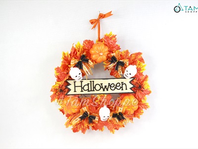 Vòng treo cửa Halloween lá phong vàng thu 4 nơ cam đen ĐK40cm VTC-HLW-01