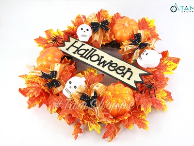 Vòng treo cửa Halloween lá phong vàng thu 4 nơ cam đen ĐK40cm VTC-HLW-01