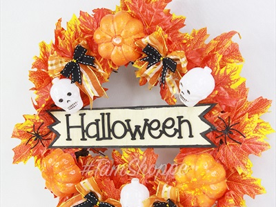 Vòng treo cửa Halloween lá phong vàng thu 4 nơ cam đen ĐK40cm VTC-HLW-01
