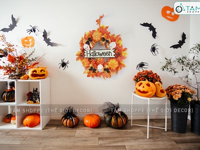Vòng treo cửa Halloween lá phong vàng thu 4 nơ cam đen ĐK40cm VTC-HLW-01