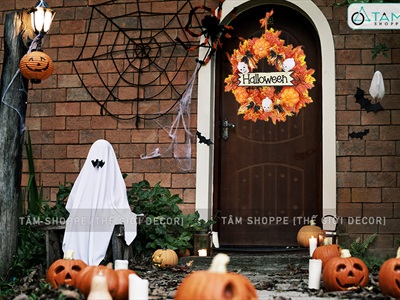 Vòng treo cửa Halloween lá phong vàng thu 4 nơ cam đen ĐK40cm VTC-HLW-01