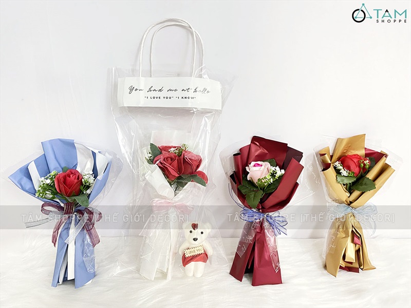 Bó 1-3 bông hồng sáp có lá kiểu hoa cưới [Tặng Sticker - Gói đẹp] HOASAP-06