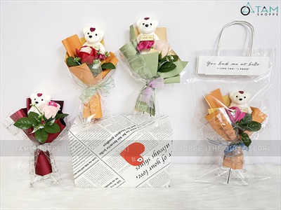 Bó 1 bông hồng sáp có gấu kiểu hoa cưới [Tặng Sticker - Gói đẹp] HOASAP-04