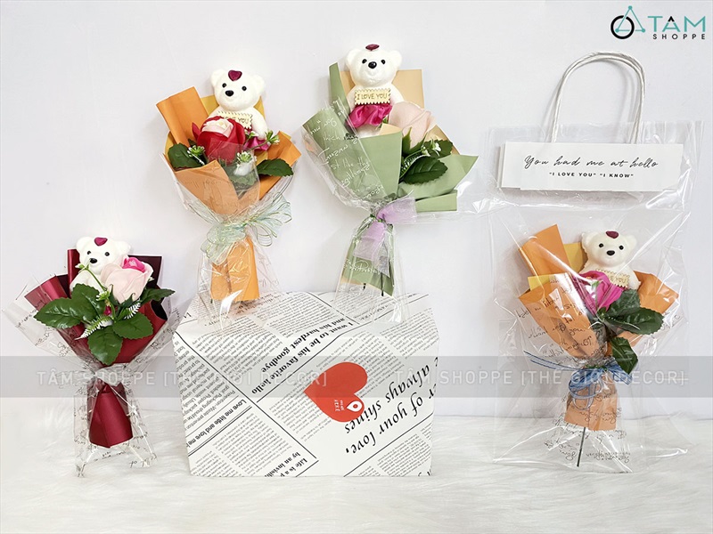 Bó 1 bông hồng sáp có gấu kiểu hoa cưới [Tặng Sticker - Gói đẹp] HOASAP-04