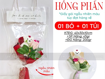 Bó 1 bông hồng sáp có gấu kiểu hoa cưới [Tặng Sticker - Gói đẹp] HOASAP-04