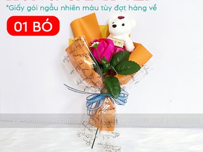 Bó 1 bông hồng sáp có gấu kiểu hoa cưới [Tặng Sticker - Gói đẹp] HOASAP-04