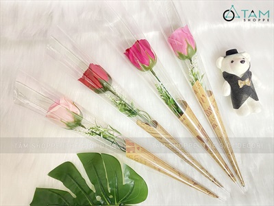 Bó 1 bông hồng sáp giấy kiếng trong [Tặng Sticker - Gói đẹp] HOASAP-03