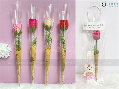 Bó 1 bông hồng sáp giấy kiếng trong [Tặng Sticker - Gói đẹp] HOASAP-03