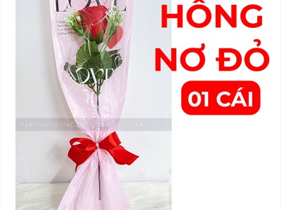 Bó 1 bông hồng sáp đỏ giấy kiếng chữ LOVE [Tặng Sticker - Gói đẹp] HOASAP-07