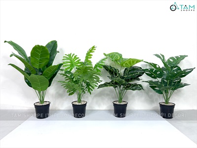 Chậu cây xanh giả 12 lá nhiệt đới Tropical cao 50-60cm CHAUCAYGIA-14