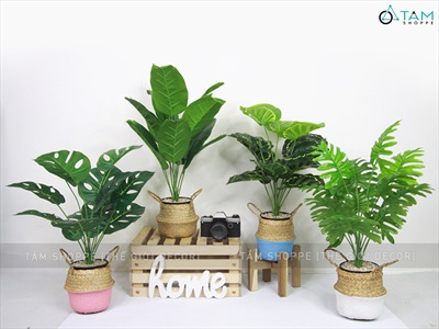 Chậu cây xanh giả 12 lá nhiệt đới Tropical cao 50-60cm CHAUCAYGIA-14