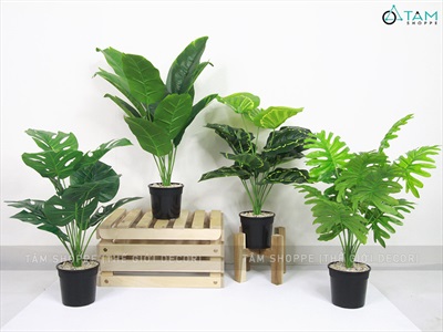 Chậu cây xanh giả 12 lá nhiệt đới Tropical cao 50-60cm CHAUCAYGIA-14