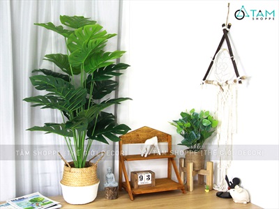 Chậu cây lá rùa Monstera 24 lá cao 100cm [Cây giả - Như thật] CHAUCAYGIA-18