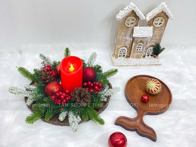 Đế nến Giáng sinh lát cây lá PE châu thông [ĐK30-35cm / Thủ công] DENEN-06