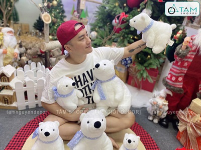 Gấu Bắc Cực nhồi bông choàng khăn xanh chấm bi [Mềm mịn - 3 size] TCV-GAU-02