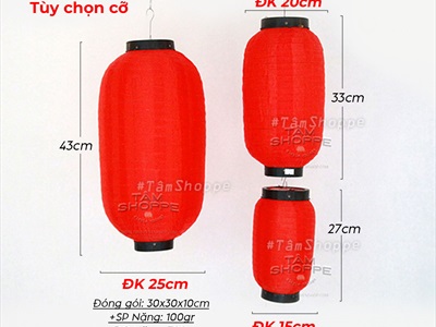 Lồng đèn dài vải đỏ trơn kiểu Nhật nhiều cỡ [Loại đẹp - Khung sắt] LDEN-VAI-04