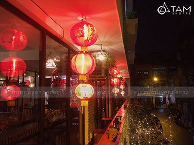 Lồng đèn vải đỏ tròn chữ Phúc có râu nhiều cỡ [Loại đẹp - Khung sắt] LDEN-VAI-03