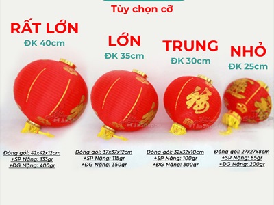 Lồng đèn vải đỏ tròn chữ Phúc có râu nhiều cỡ [Loại đẹp - Khung sắt] LDEN-VAI-03