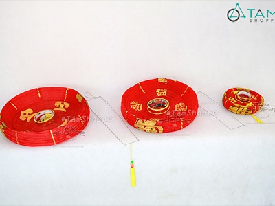 Lồng đèn vải đỏ tròn chữ Phúc có râu nhiều cỡ [Loại đẹp - Khung sắt] LDEN-VAI-03