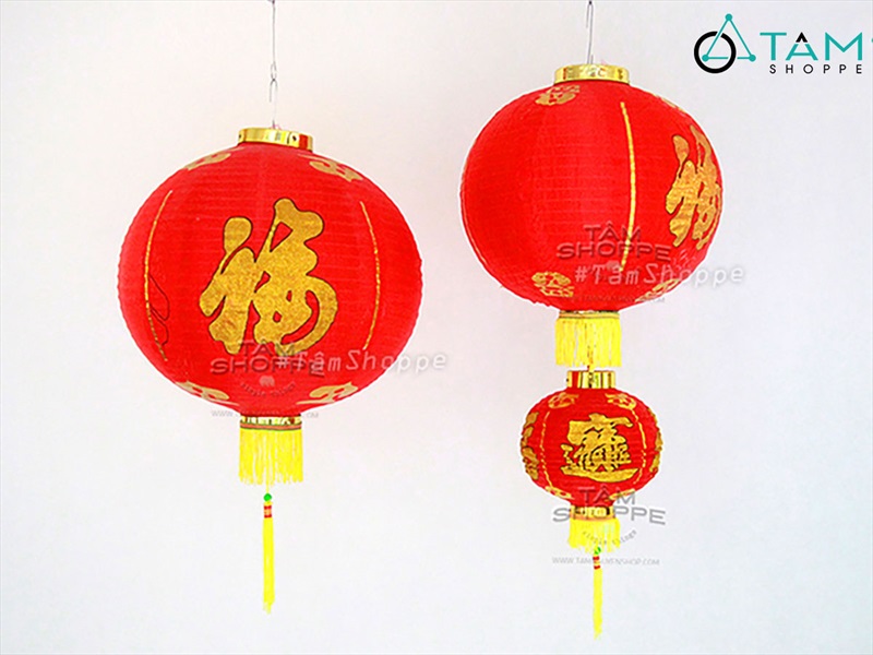 Lồng đèn vải đỏ tròn chữ Phúc có râu nhiều cỡ [Loại đẹp - Khung sắt] LDEN-VAI-03