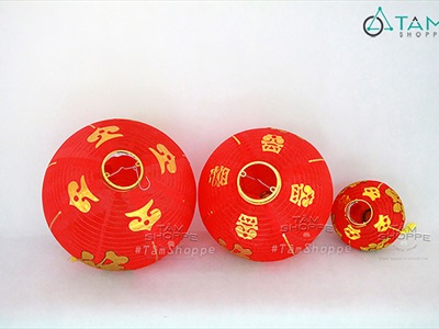 Lồng đèn vải đỏ tròn chữ Phúc có râu nhiều cỡ [Loại đẹp - Khung sắt] LDEN-VAI-03