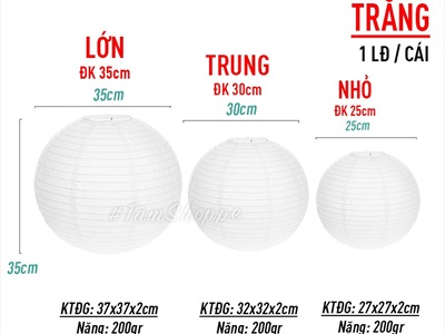 Lồng đèn vải trắng tròn trơn nhiều cỡ [Loại đẹp - Khung sắt] LDEN-VAI-06