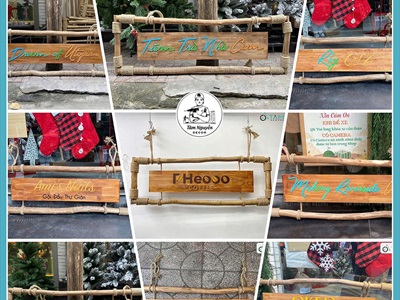 Bảng hiệu gỗ khung củi quấn dây thừng [Mộc mạc - Theo yêu cầu] YC-BANGHIEU-02
