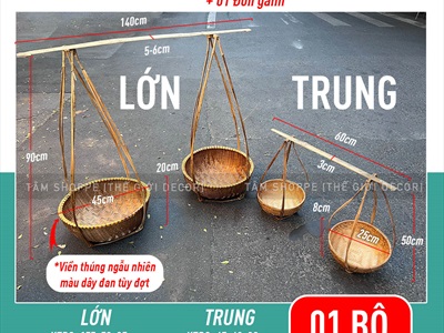 Bộ quang gánh tre lớn cao 50-90cm [Đan kĩ - Kèm đòn gánh] QUANGGANH-02