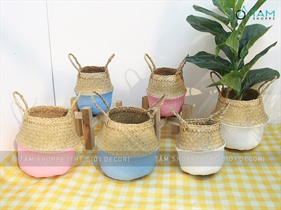 Giỏ cói sơn màu hình chum có quai 2 size GIO-COI-02