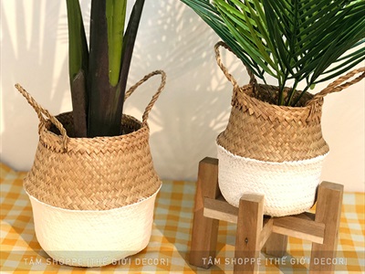 Giỏ cói sơn màu hình chum có quai 2 size GIO-COI-02