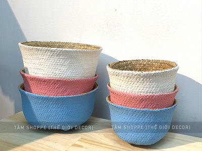 Giỏ cói sơn màu hình chum có quai 2 size GIO-COI-02