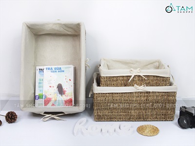 Khay cói chữ nhật đan dày có vải lót 3 size KHAY-COI-01