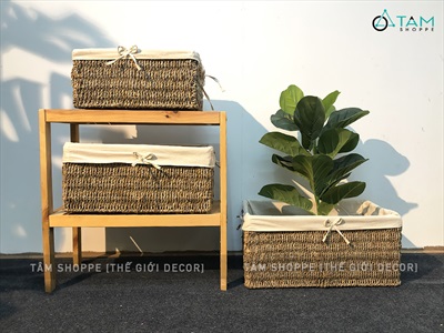 Khay cói chữ nhật đan dày có vải lót 3 size KHAY-COI-01