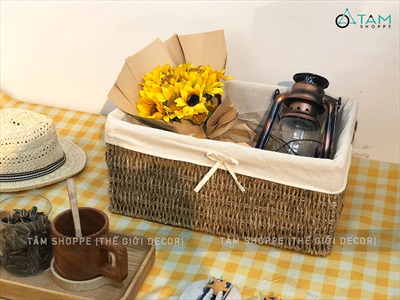 Khay cói chữ nhật đan dày có vải lót 3 size KHAY-COI-01