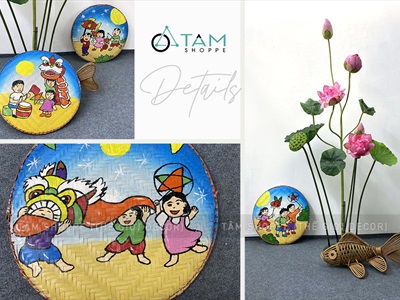 Mẹt tre vẽ dân gian múa lân rước đèn ĐK40cm [Nét vẽ chuẩn - Nhiều kiểu chọn] METTRE-02