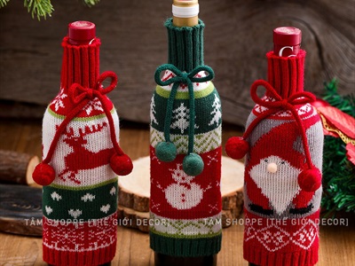 Áo vải bọc chai rượu Noel vải len cổ lọ BCHR-X-05