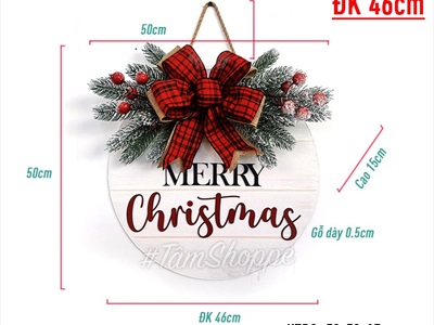 Bảng treo cửa giáng sinh lá PE phủ tuyết nơ đỏ bảng tròn X-BTRC-39