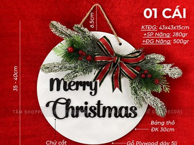 Bảng treo cửa giáng sinh Nơ Đỏ Chữ Đen Simple [Bằng gỗ - Nhiều kiểu] ĐK 30cm X-BTRC-41