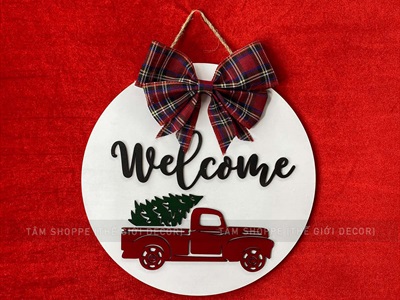 Bảng treo cửa giáng sinh Nơ Đỏ Chữ Đen Simple [Bằng gỗ - Nhiều kiểu] ĐK 30cm X-BTRC-41