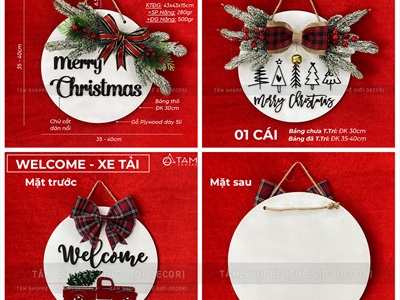 Bảng treo cửa giáng sinh Nơ Đỏ Chữ Đen Simple [Bằng gỗ - Nhiều kiểu] ĐK 30cm X-BTRC-41