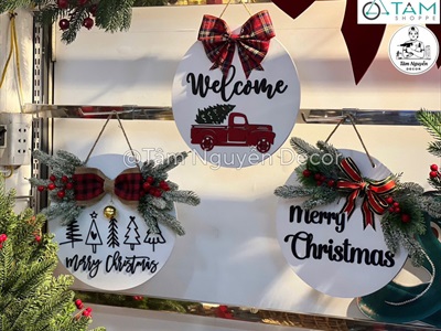 Bảng treo cửa giáng sinh Nơ Đỏ Chữ Đen Simple [Bằng gỗ - Nhiều kiểu] ĐK 30cm X-BTRC-41