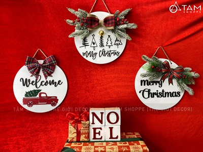 Bảng treo cửa giáng sinh Nơ Đỏ Chữ Đen Simple [Bằng gỗ - Nhiều kiểu] ĐK 30cm X-BTRC-41